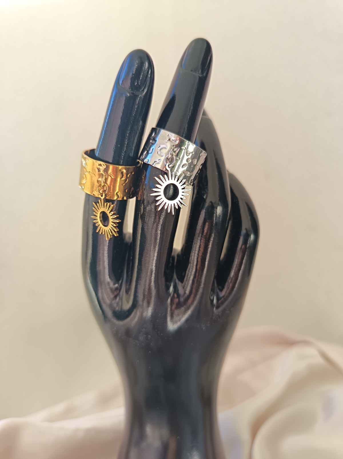 Bague breloque Soleil - doré & argentée